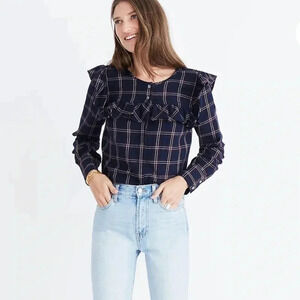 Madewell Plaid Ruffle-Yoke Top Size XS